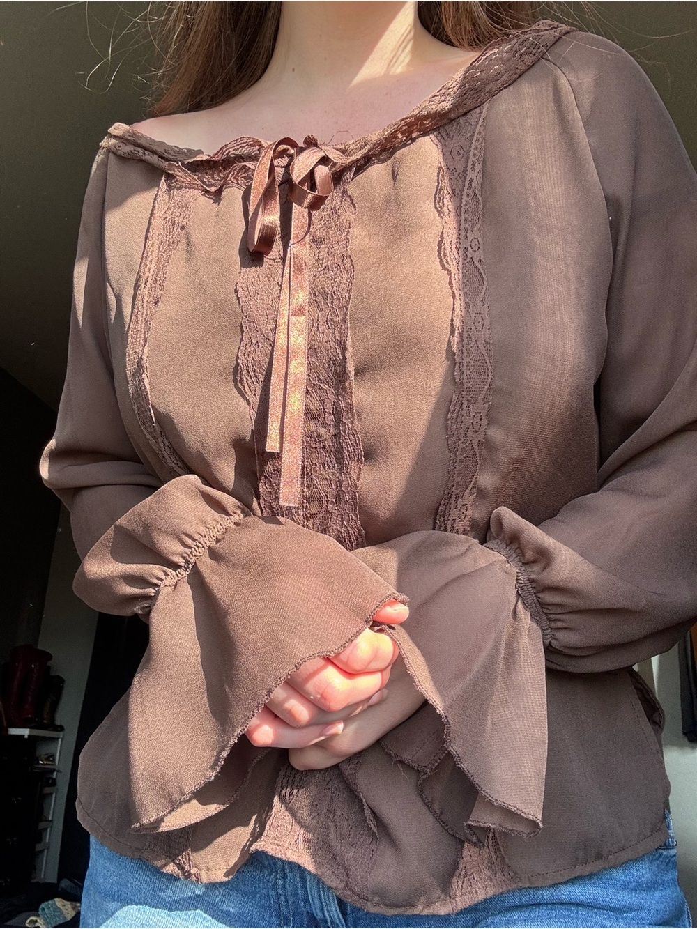 Selene Sport Brown Lace-Trim Peasant Blouse